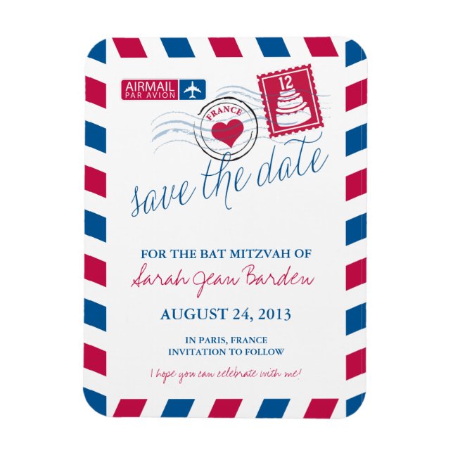 FRANCE Air Mail Bat Mitzvah Save the Date 3x4 Magnet (Vertikal)