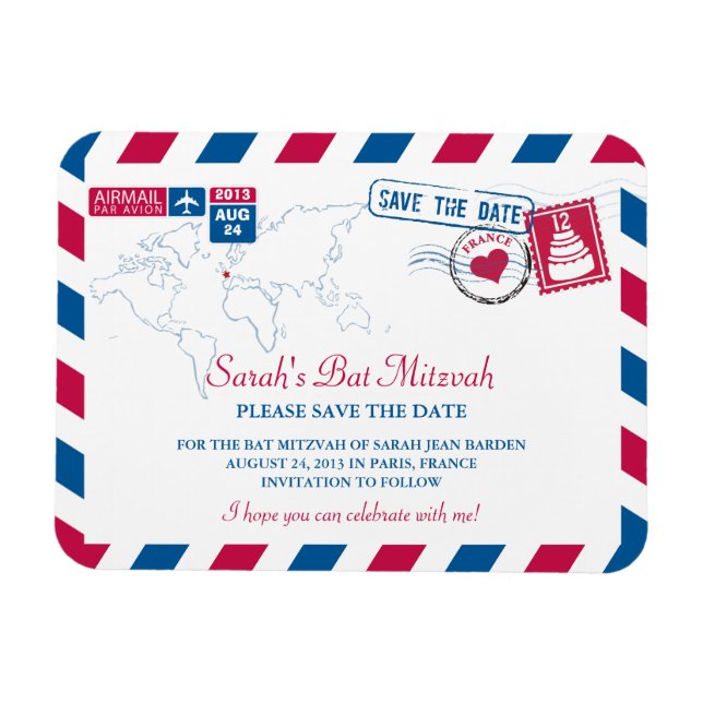 FRANCE Air Mail Bat Mitzvah Save the Date 3x4 Magnet (Horizontal)