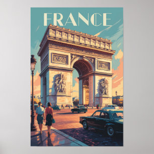 France Arc de Triomphe Travel Art Vintag Poster