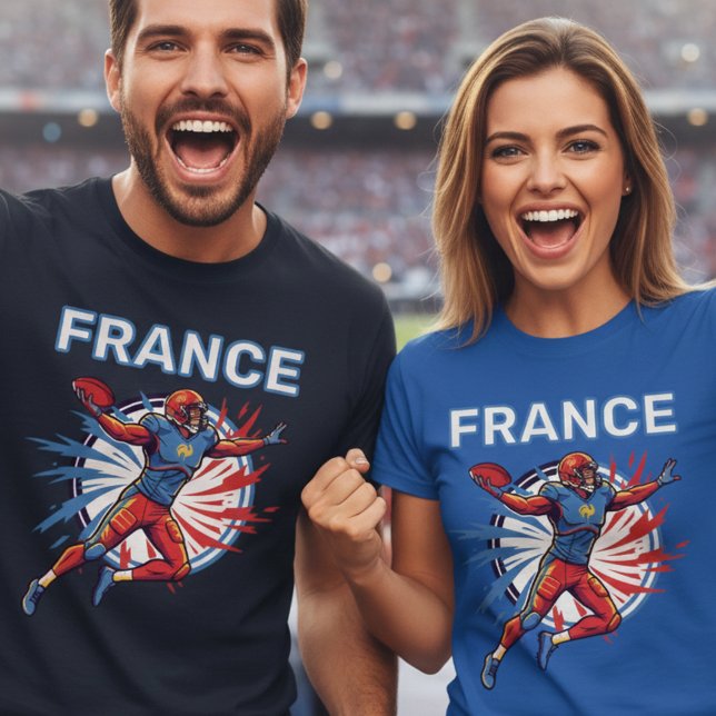France Football Dynamic Quarterback Patriotic Art T-Shirt (Use Personalized to change color/font.
Choose a color that matches the background color of shirt)