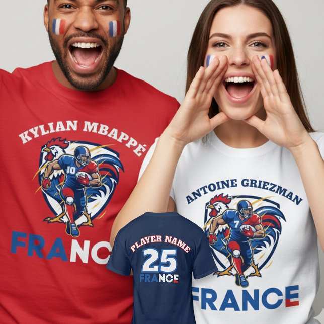 France National Gridiron Football Dynamic Rooster  T-Shirt (Use Personalized to change color/font.
Choose a color that matches the background color of shirt)