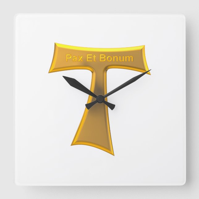 Franciscan Tau Cross Pax Et Bonum Gold Metallic Quadratische Wanduhr (Vorderseite)