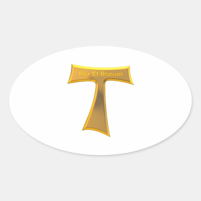 Franciscan Tau Cross Pax und Bonum Gold Metallic Ovaler Aufkleber (Vorderseite)