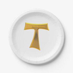 Franciscan Tau Cross Pax und Bonum Gold Metallic Pappteller