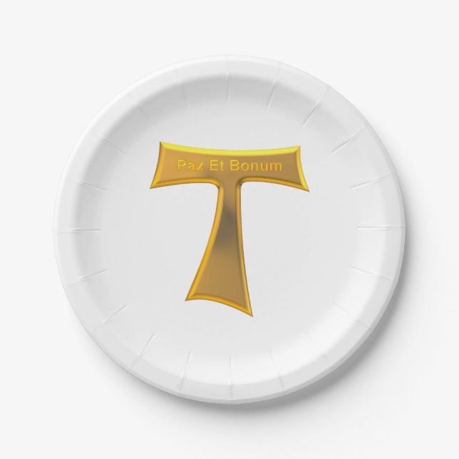 Franciscan Tau Cross Pax und Bonum Gold Metallic Pappteller (Vorderseite)