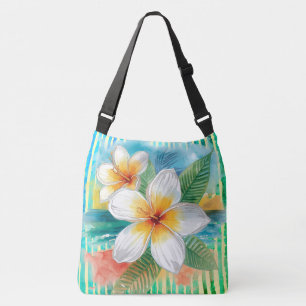 Frangipani-Blumen, Türkisgelbe Linienmuster Tragetaschen Mit Langen Trägern