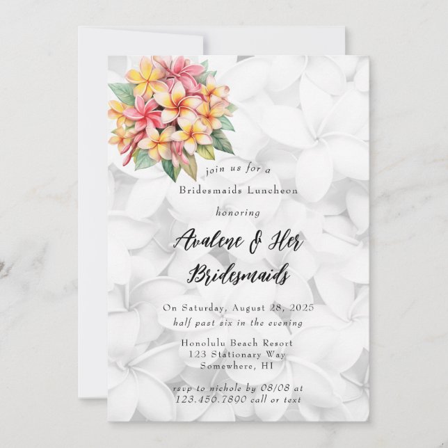 Frangipani Floral Hawaiian Bridesmaids Luncheon Einladung (Vorderseite)