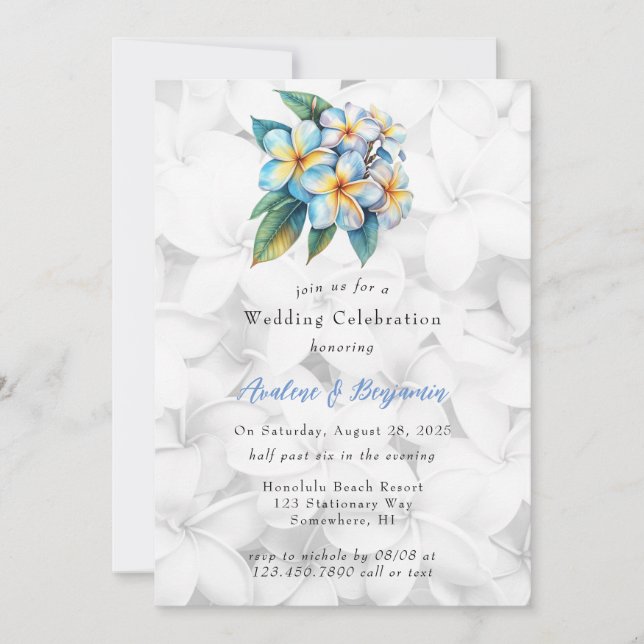 Frangipani Floral Hawaiian Wedding Celebration Einladung (Vorderseite)