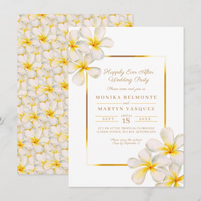Frangipani goldtropisch nach Party Hochzeit Einladung (Vorne/Hinten)