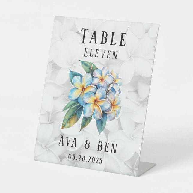 Frangipani Hawaii Floral Wedding Tischnummer Sockelschild (Vorderseite)