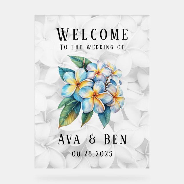 Frangipani Hawaiian Floral Wedding Willkommen Acrylschild (Vorderseite)
