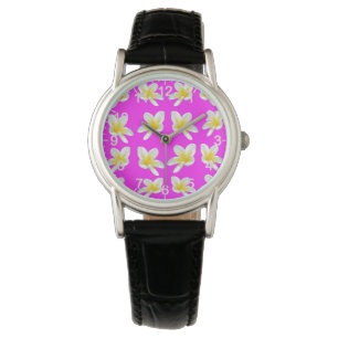 Frangipani-Muster in heiß rosa und gelb, Armbanduhr