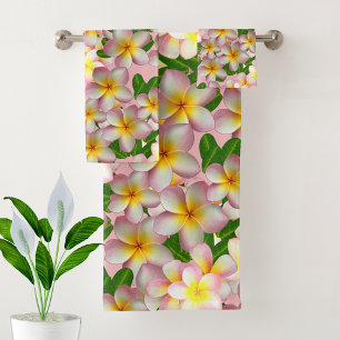 Frangipani Plumeria Blume auf rosa Badetücher Set