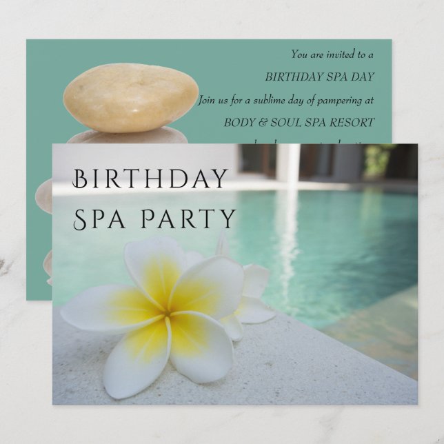 Frangipani & Pool Geburtstag Wellness-Center Tag Einladung (Vorne/Hinten)