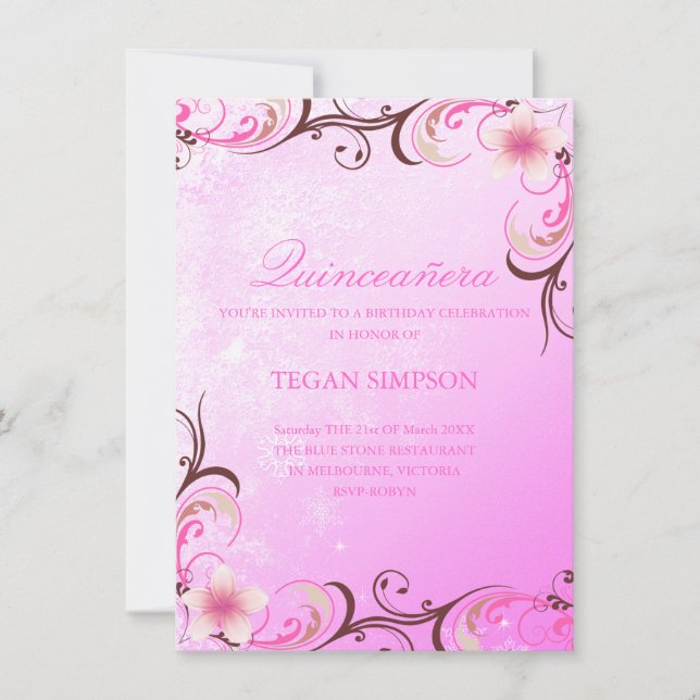 Frangipani Quinceañera rose/Brown Invitation d'ann (Devant)