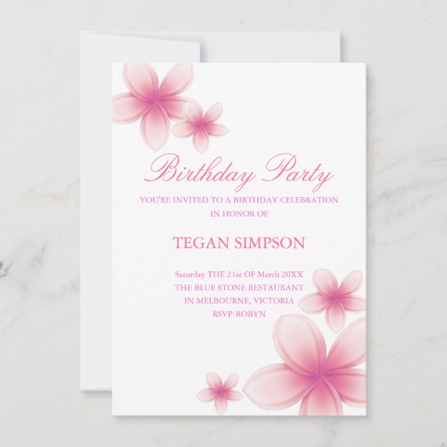 Frangipani rose et blanc Invitation d'anniversaire (Devant)