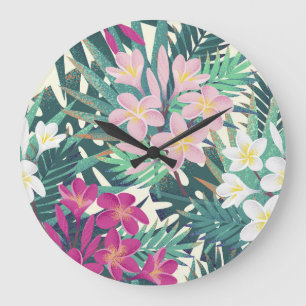 Frangipani Tropical: Rosa-Weiße Vintage. Große Wanduhr