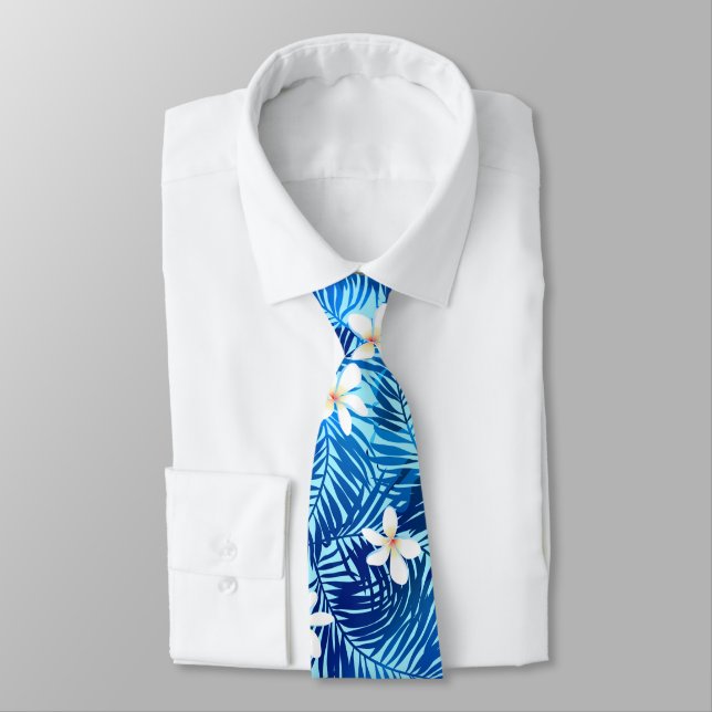 Frangipani und blaues Palmenblatt Krawatte (Gebunden)