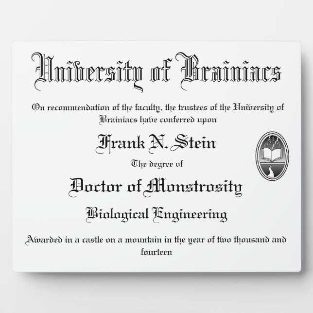 Frankenstein Diplomausstellung Fotoplatte (Vorderseite)