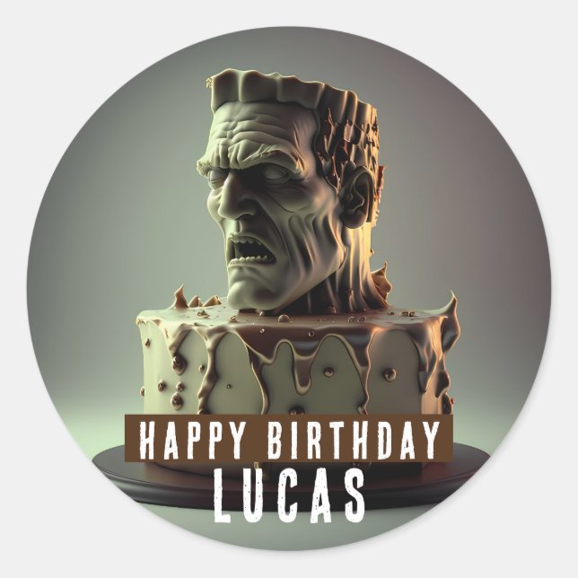 Frankenstein Head Birthday Chocolate Cake Runder Aufkleber (Vorderseite)