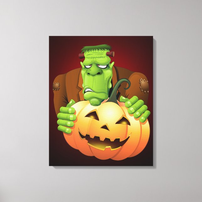 Frankenstein Monster Cartoon mit Pumpkin Leinwanddruck (Vorderseite)