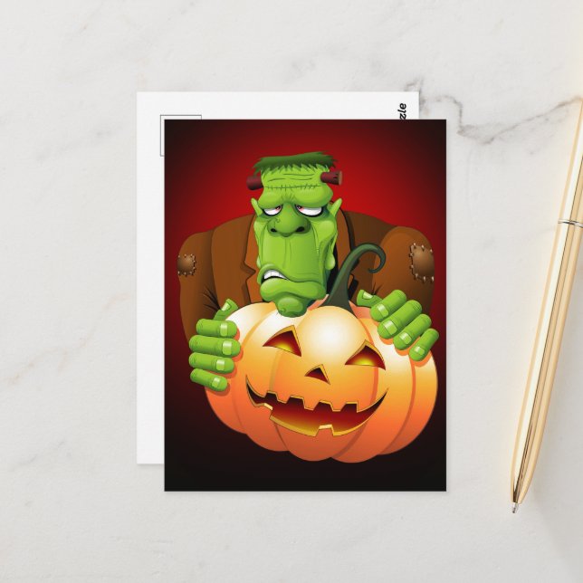 Frankenstein Monster Cartoon mit Pumpkin Postkarte (Vorderseite/Rückseite Beispiel)