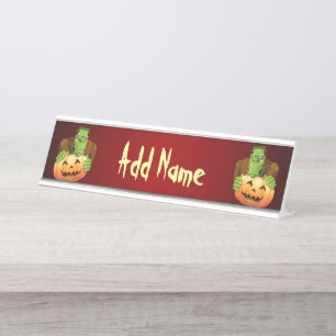 Frankenstein Monster Cartoon mit Pumpkin Schreibtischnamensplakette
