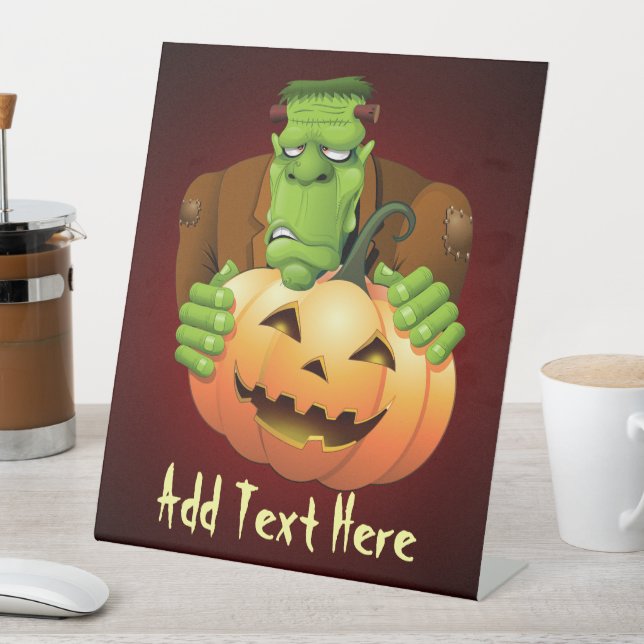 Frankenstein Monster Cartoon mit Pumpkin Sockelschild (In Situ)