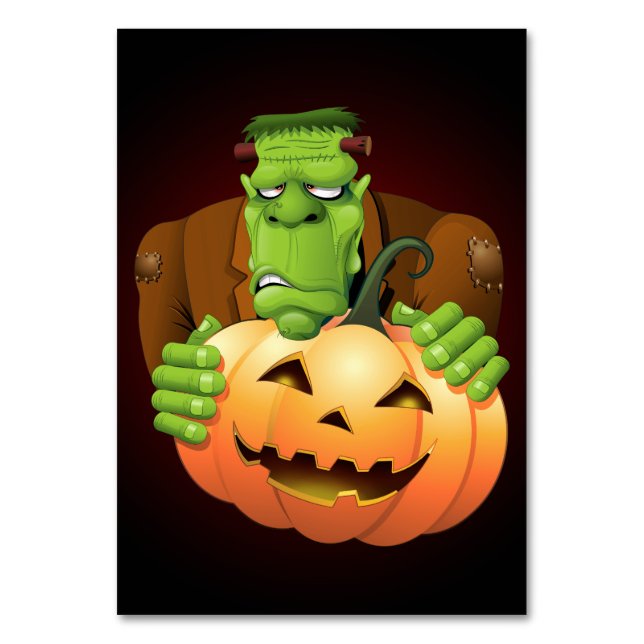Frankenstein Monster Cartoon mit Pumpkin Tischnummer (Vorderseite)