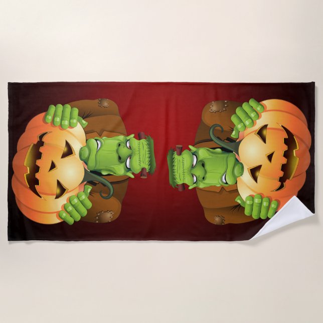Frankenstein Monster Cartoon with Pumpkin Strandtuch (Vorderseite)