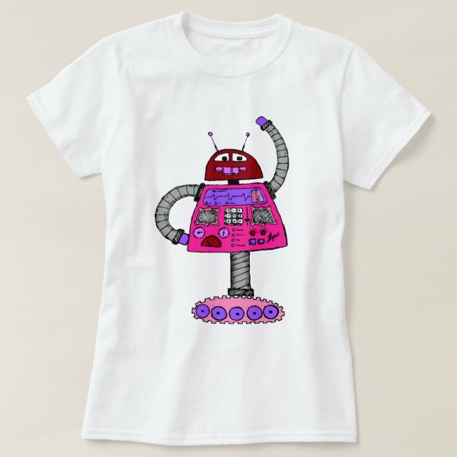 Frankie Robot: Rosa auf Weiß T-Shirt (Design vorne)