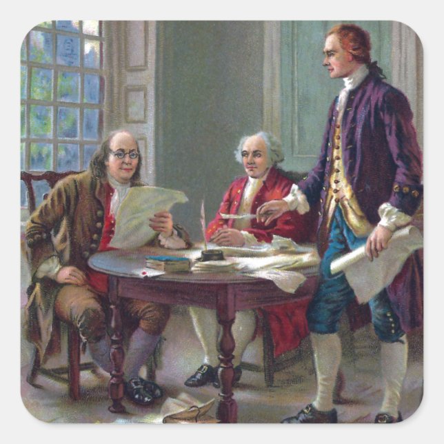 Franklin, Adams und Jefferson in Philadelphia 1776 Quadratischer Aufkleber (Vorderseite)
