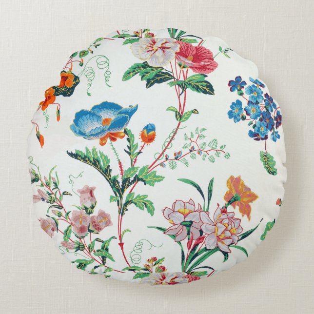 Frankreich 1830 Antikes Blumen Wallpaper Rundes Kissen (Vorderseite)