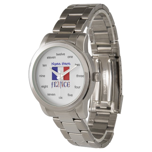 Frankreich Französisch Flaggen Blaue Personalisier Armbanduhr (Schrägansicht)