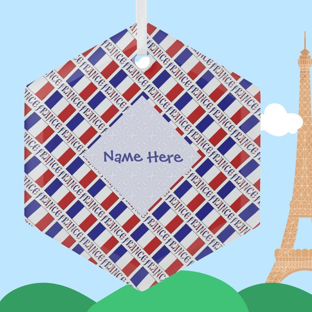 Frankreich Französische Flagge Blau Personalisiert Ornament Aus Glas (Personalized glass hexagon Christmas ornament with tiled design of French flag with FRANCE below.)
