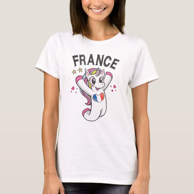 Frankreich Fußball Fan Einhorn mit Herbstflagge T-Shirt (Vorderseite)