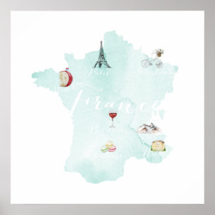 Frankreich Illustrierte Aquarellmauer Karte Poster