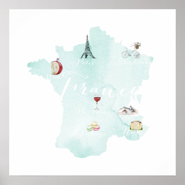 Frankreich Illustrierte Aquarellmauer Karte Poster (Vorne)