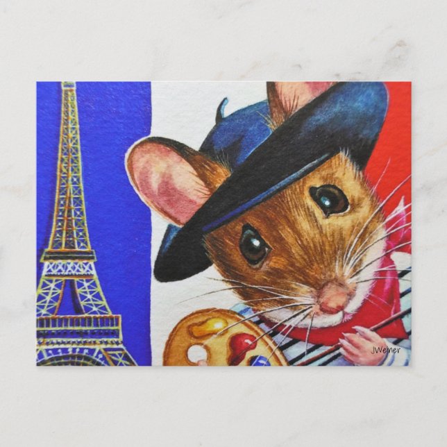 Frankreich Künstlerische Maus Eiffelturm Wasserfar Postkarte (Vorderseite)