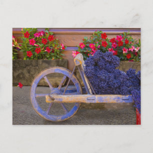Frankreich, Provence, Sault. Alte Holzkarre mit Postkarte