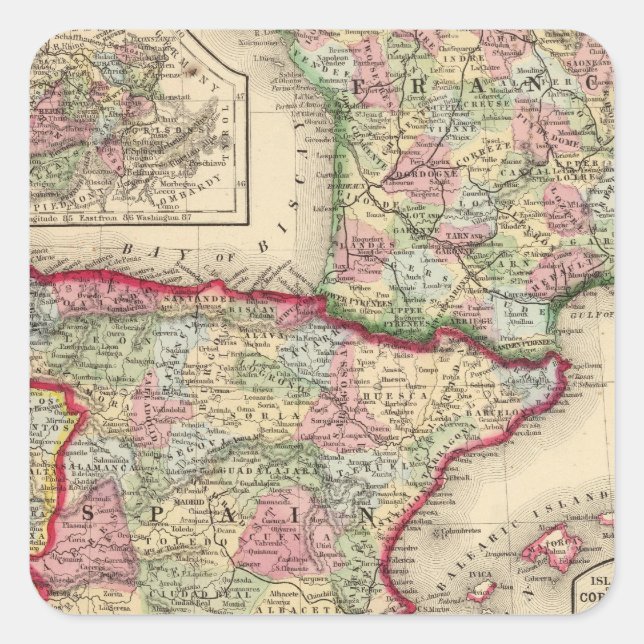Frankreich, Spanien, Portugal Karte von Mitchell Quadratischer Aufkleber (Vorderseite)