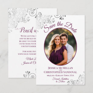 Fransige Silber- und Magentafarben auf weißen Foto Save The Date