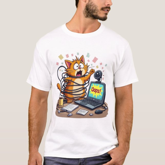 Frantic Cat Cable Chaos Remote Work Oops T-Shirt (Vorderseite)