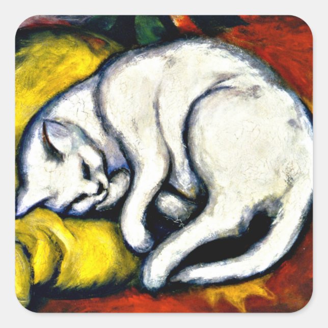 Franz Marc - Die weiße Katze, schöne Kunstmalerei Quadratischer Aufkleber (Vorderseite)