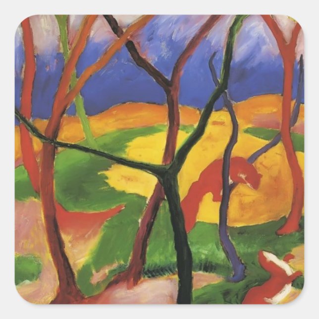 Franz Marc - Weasels Playing Quadratischer Aufkleber (Vorderseite)