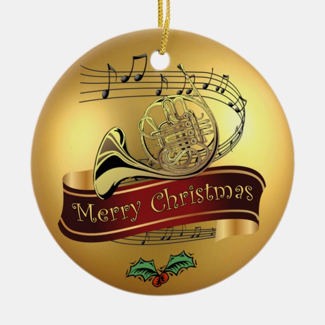 Franzosen Horn~Musical Scroll~ Goldfrohe Keramik Ornament (Vorne)