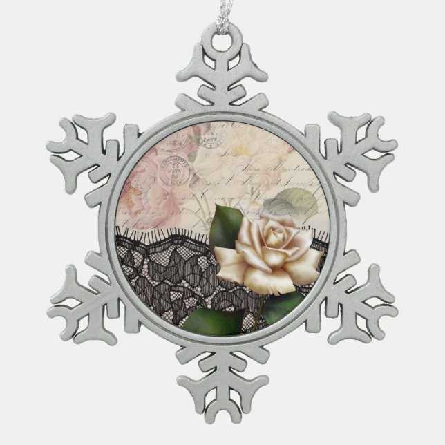 Franzosen scripts viktorianische weiße Rose der Schneeflocken Zinn-Ornament (Vorderseite)
