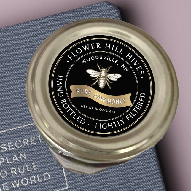 Französisch Bee mit Gold Banner Honey Label Black Runder Aufkleber (Von Creator hochgeladen)