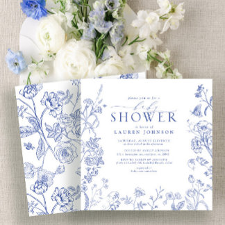 Französisch Blau & Weiß viktorianische Blumen Baby Einladung