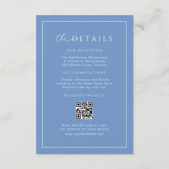 Französisch-blaue Minimal-Hochzeitdetails QR-Code  Begleitkarte (Vorderseite)